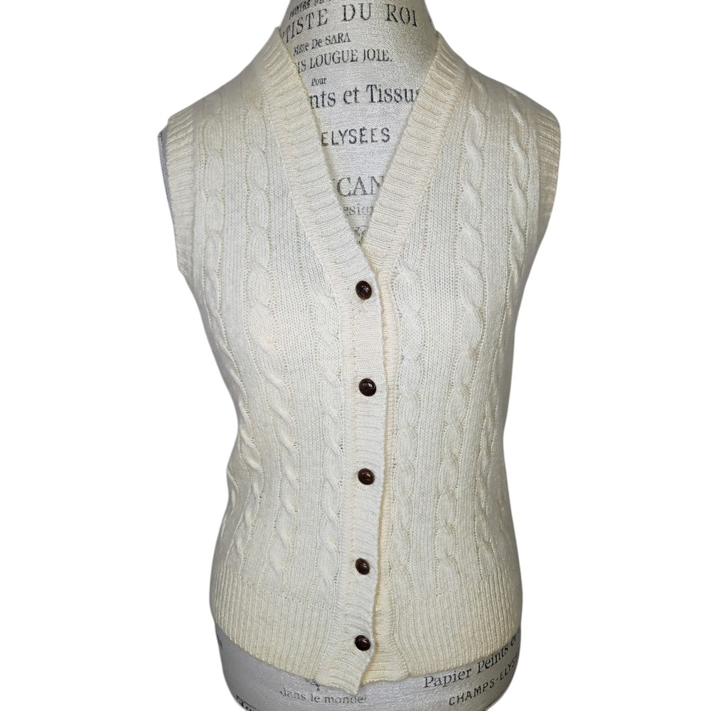 Vtg De Mura Cable Knit Sweater Vest Womens Small Cream Wool Academia Preppy